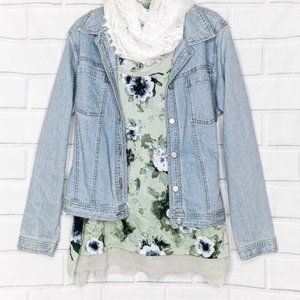 VERA WANG》Crinkled Seafoam Floral Tank Top